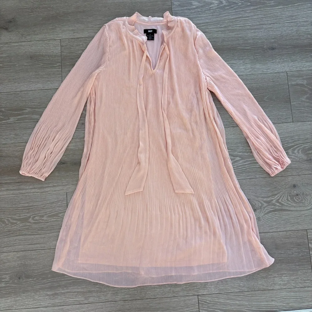 DKNY Womens Pink Tie Neck Long Sleeve Classic Look Pleated Swing Dress Size 12 - Picture 9 of 14